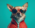 Cute Chihuahua Dog Wearing Glasses While Wearing a Red Jacket extreme closeup. Generative AI Royalty Free Stock Photo