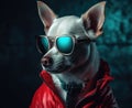 Cute Chihuahua Dog Wearing Glasses While Wearing a Red Jacket extreme closeup. Generative AI Royalty Free Stock Photo