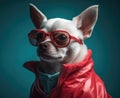 Cute Chihuahua Dog Wearing Glasses While Wearing a Red Jacket extreme closeup. Generative AI Royalty Free Stock Photo