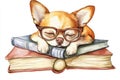 Sleepy Chihuahua Reading with Glasses Watercolor Illustration