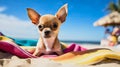 ai generative, cute chihuahua in front of a blurred beach scenery sitting on a colored towel