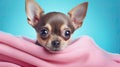 cute chihuahua portrait lying on pastel colored blanket, generative ai