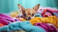 cute chihuahua portrait lying on pastel colored blanket, generative ai