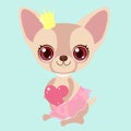 Cute chihuahua princess with heart gift. Funny sticker for a gift. Character for birthday or valentine`s day.