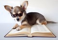 Cute chihuahua puppy with book about bedtime stories