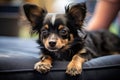 Cute chihuahua puppy is lying on the sofa. An adorable image of a little pooch in a warm, friendly atmosphere, enjoying its