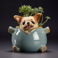 Cute Chihuahua Puppy And Plants In Playful Flowerpot - High Detailed Handmade Design