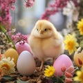 cute chiken and easter egg with spring flowers Royalty Free Stock Photo