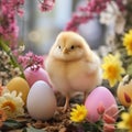 cute chiken and easter egg with spring flowers