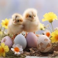 cute chiken and easter egg with spring flowers