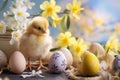 cute chiken and easter egg with spring flowers