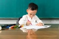 Cute child Asian boy doing homework. Clever kid drawing at desk. Schoolboy. Elementary school student drawing at workplace. Kid