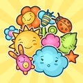 Cute child background with kawaii doodles. Spring collection of cheerful cartoon characters sun, cloud, flower, leaf