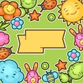 Cute child background with kawaii doodles. Spring collection of cheerful cartoon characters sun, cloud, flower, leaf Royalty Free Stock Photo