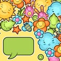 Cute child background with kawaii doodles. Spring collection of cheerful cartoon characters sun, cloud, flower, leaf Royalty Free Stock Photo