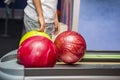 Cute child with ball in bowling club. Kid is playing bowling Royalty Free Stock Photo