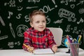 Cute child boy doing homework. Clever kid drawing at desk. Schoolboy. Elementary school student drawing at workplace. Kid enjoy