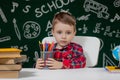 Cute child boy doing homework. Clever kid drawing at desk. Schoolboy. Elementary school student drawing at workplace. Kid enjoy