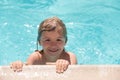 Cute child boy swim in swimming pool, summer water background with copy space. Happy little kid boy playing with in Royalty Free Stock Photo