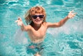 Cute child boy swim in swimming pool, summer water background with copy space. Cute boy in the water playing with water Royalty Free Stock Photo