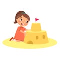 Cute child building sand castle flat vector illustration.