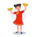 Cute Child in Chinese Cultural Dress Celebrating Lunar New Year with Gold. Little Kid in Chinese Traditional Costume with Gold Royalty Free Stock Photo