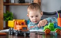 Cute child is drawing with pencils on paper in an album at the table. Preschool education and development of creativity Royalty Free Stock Photo