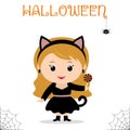 Cute child dressed in black cat costume and holds a lollipop celebrating at a Halloween party isolated on a white background.