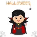 Cute child dressed in a vampire suit Dracula in a raincoat, celebrating at a Halloween party, isolated on a white background. Royalty Free Stock Photo