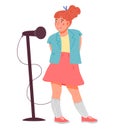 Cute child girl character singing with microphone flat vector isolated. Royalty Free Stock Photo