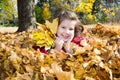 Cute child girl playing with fallen leaves in autumn Royalty Free Stock Photo