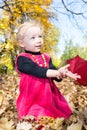 Cute child girl playing with fallen leaves, autumn Royalty Free Stock Photo