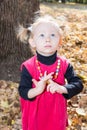 Cute child girl playing with fallen leaves in park Royalty Free Stock Photo