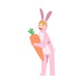 Cute Child Girl Wearing Bunny Costume Holding Big Carrot, Happy Easter Concept Cartoon Style Vector Illustration