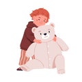 Cute child hugging stuffed toy, teddy. Happy smiling boy embracing plush bear. Joyful kindergarten little kid, nice