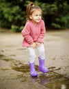 Cute child jumping in a puddle of water at the summer or autumn Royalty Free Stock Photo