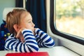 Cute child looking out the train window. Little boy is traveling on the train. Kid travels on a train