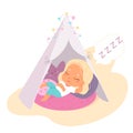 Cute child lying in homemade teepee to sleep, baby falling asleep after playing games