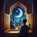 A cute child observing the crescent moon through an ornate window, with reflections of the night sky in his eyes. Last