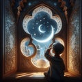 A cute child observing the crescent moon through an ornate window, with reflections of the night sky in his eyes. Last