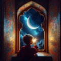 A cute child observing the crescent moon through an ornate window, with reflections of the night sky in his eyes. Last