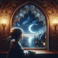 A cute child observing the crescent moon through an ornate window, with reflections of the night sky in his eyes. Last