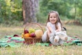 Cute child on picnic with basket, Toddler kid having a rest in sunny park or garden. Little girl with teddy and enjoying Royalty Free Stock Photo