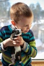 Cute child playing at home with his pet the guinea pig.