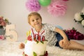 Cute child, preschool boy, celebrating birthday at home with homemade cake with raspberries, mint and candies