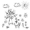 Cute child\'s hand drawn meadow with flowers and cat on white Royalty Free Stock Photo