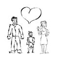 Cute child\'s like hand drawn family with boy and heart icon isolated on white Royalty Free Stock Photo