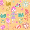 Cute child seamless pattern with little girl and seamless patter