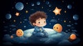 Cute child sitting on cloud in night sky surrounded by smiling stars, moons floating around