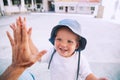 Cute child son giving high five to father. Royalty Free Stock Photo